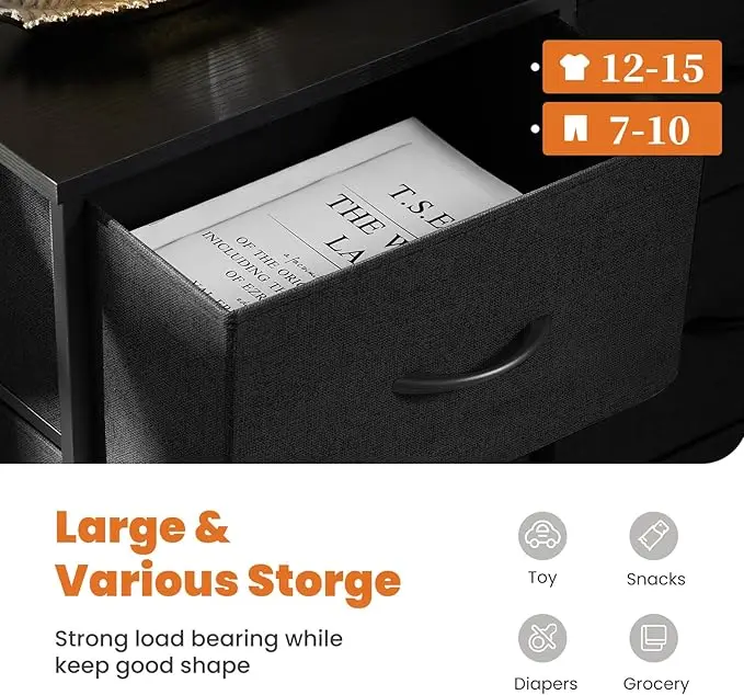 8 - Storage - Drawer Dresser for Bedroom. Tall Large Fabric Storage Tower Organizer. Chest of Drawers with Metal Frame & Wooden 3