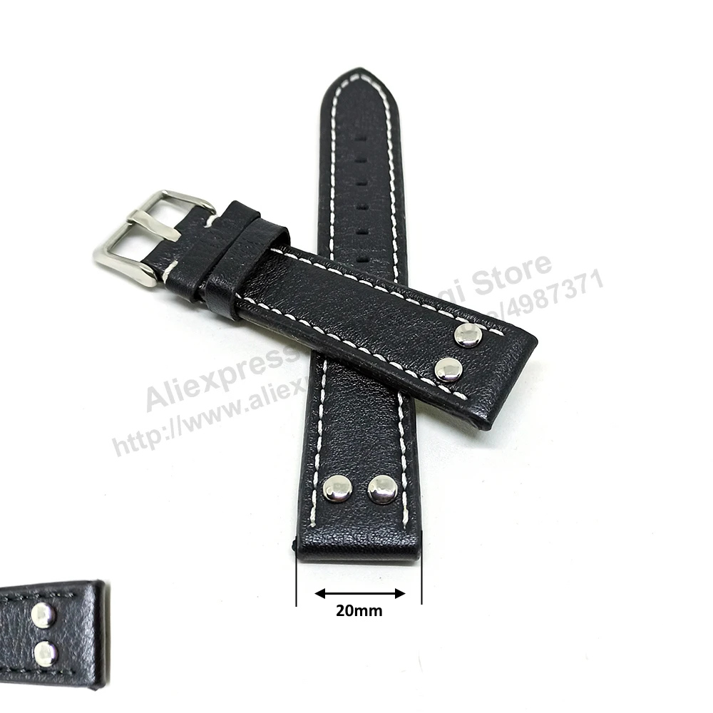 Adatto/Per Luminox , Aviator / Pilot - 20Mm Rivetto Nero Cinturino Di Ricambio In Vera Pelle