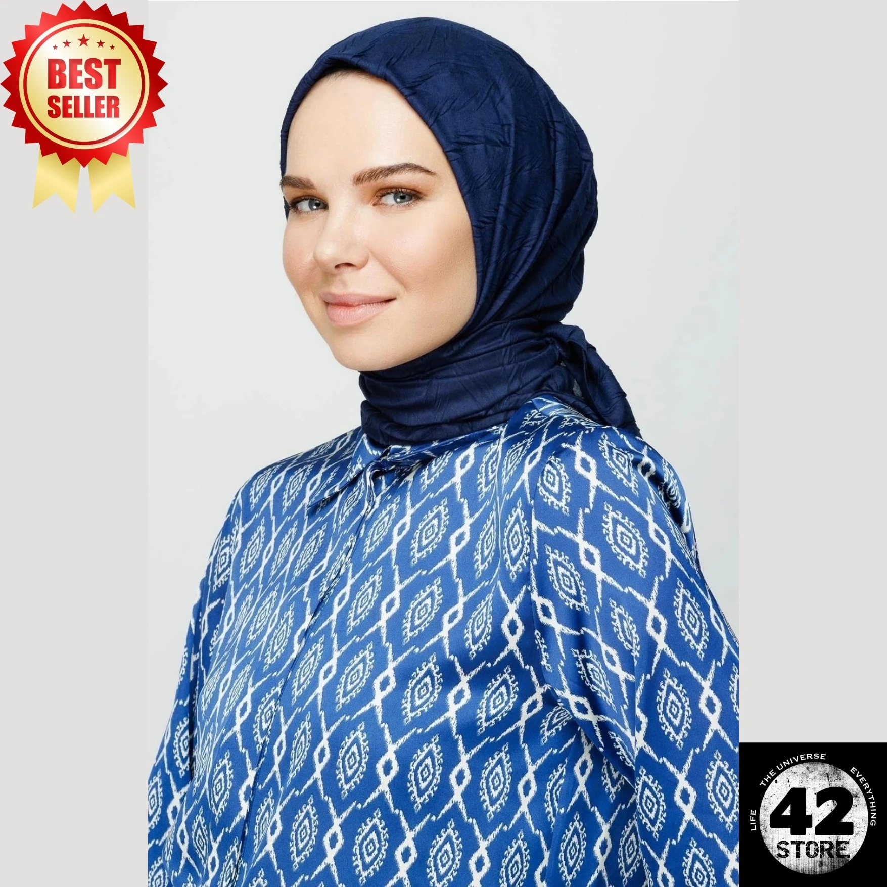 No Ironing Required, Can Be Used Without A Cap, Comfortable, Trendy Pleated Navy Blue Bamboo Scarf