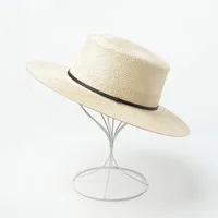 Straw Wide-Brimmed Boater Hat Women Summer Hat Beige Fedora Hats with mini black lether band 3