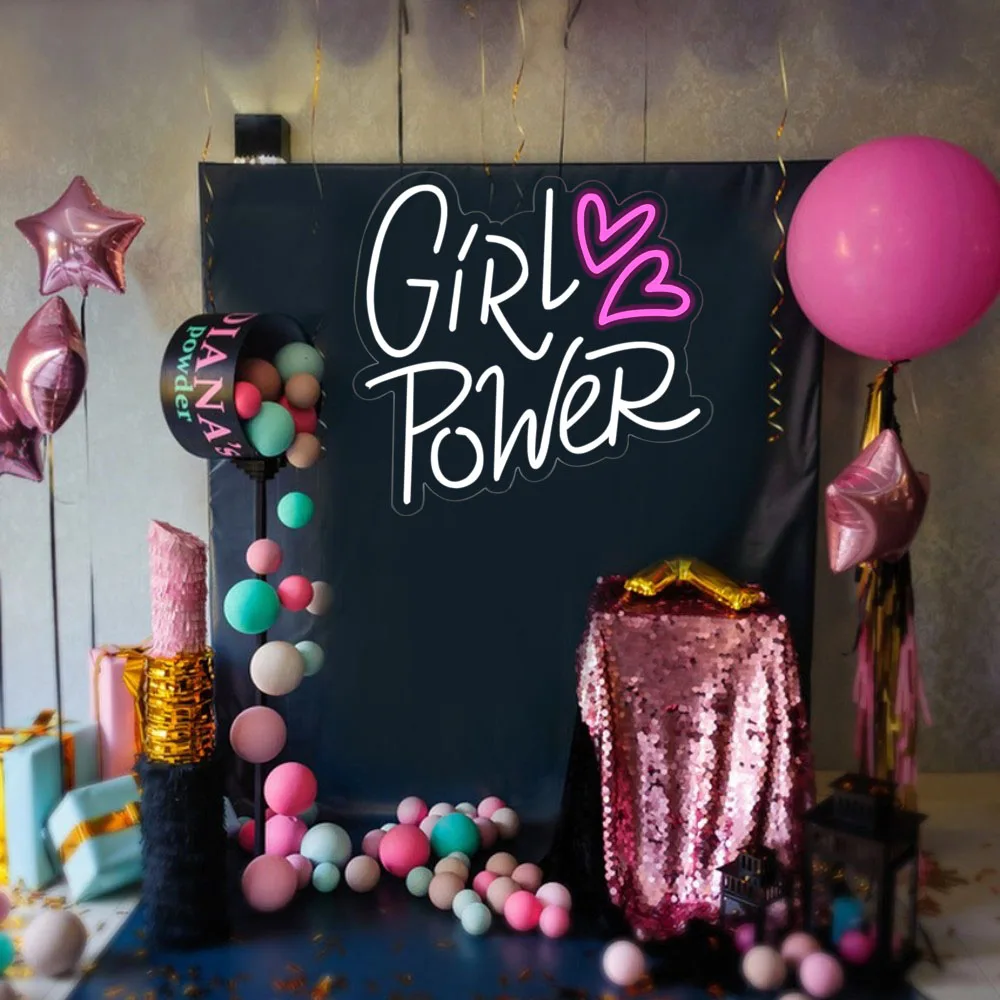 Girl Power Hearts Neon Sign Family Room Birthday Party Wedding Apartment Bar Ambience Green Wall Decoration Neon Light Led Lamp