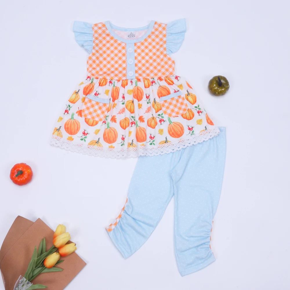 

New Style Baby Girls Dress Outfits For Halloween Cute Orange Floral Pumpkin With Lattice Pocket Casual Blue Long Pants For 1-8T