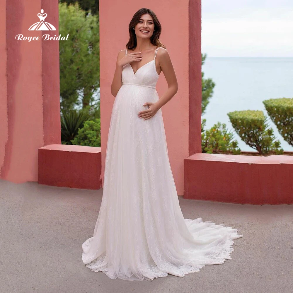 

Beach Lace A Line Wedding Dress Spaghetti Straps V Neck Bridal Gowns For Pregnant Woman Bride Dress Vestidos De Novia Robe De