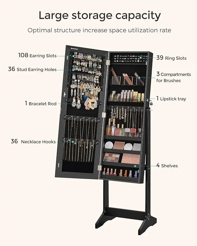 Freestanding jewelry cabinet with full-length mirror. Lockable storage with 2 cosmetic organizers 3