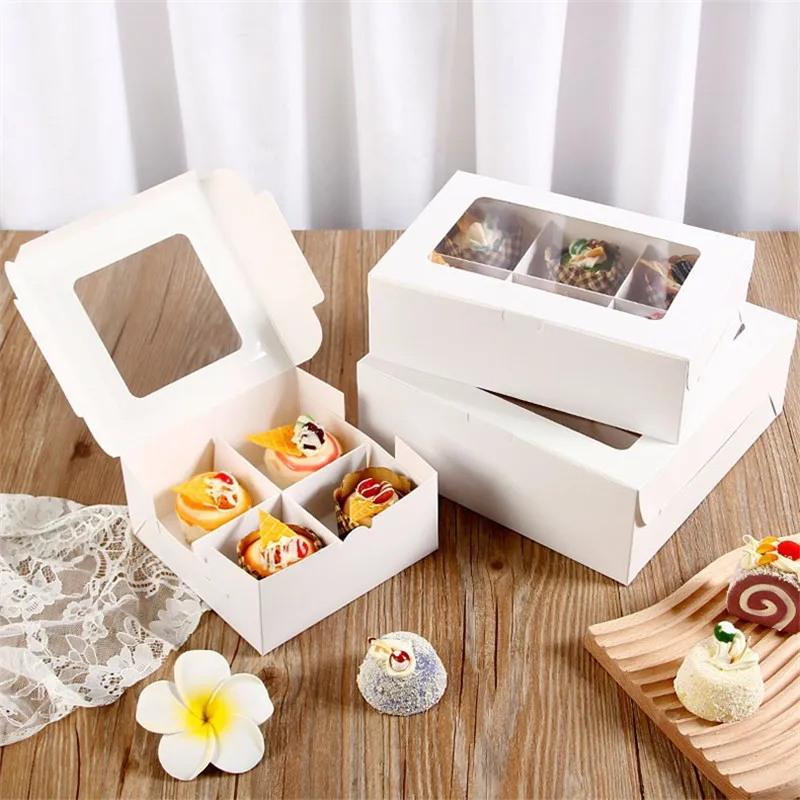 PRALB 50Pack White Paper Cupcake Boxes With Pvc Window And Two Treat Holder, Pastry And Cookie Box,Cupcake Containers Bakery Cake Box,Auto-Popup Cupcake Carriers Bakery Cake Box(6.3x3.5x3inch