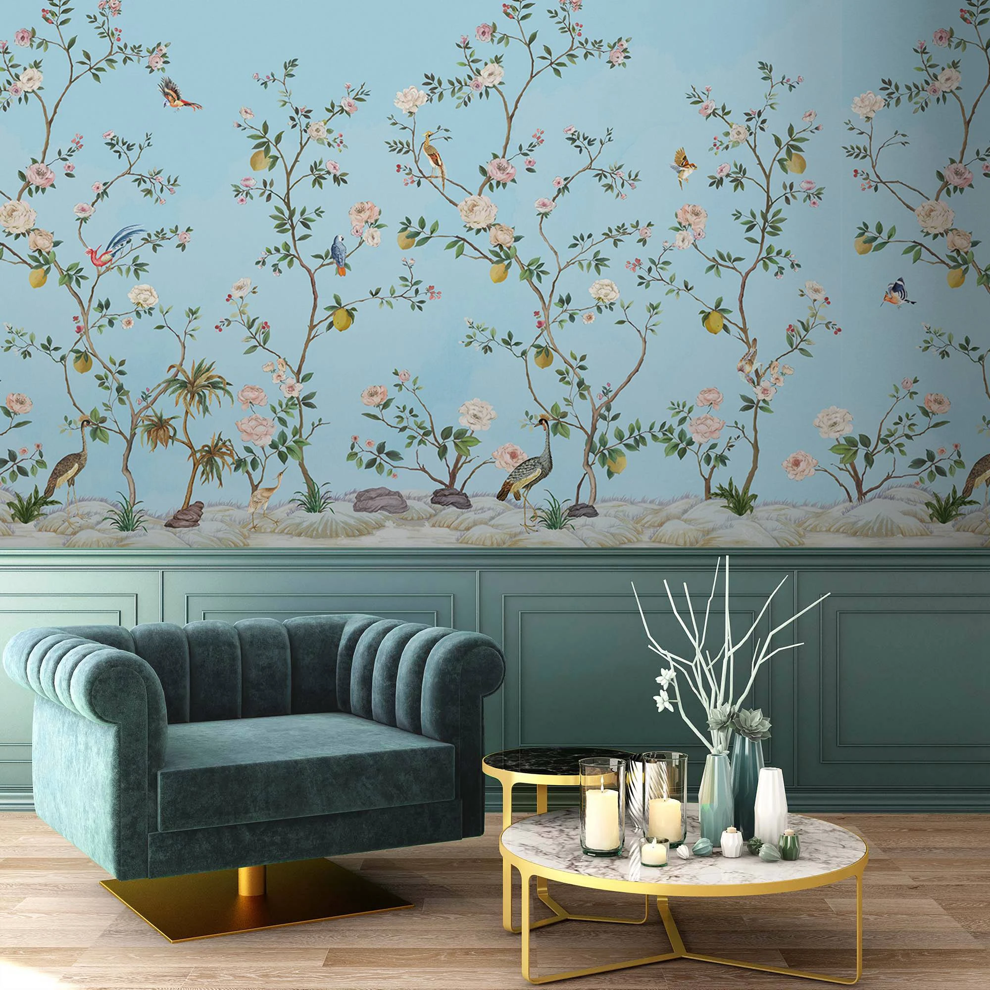 Blossom Chinoiserie Ceruleumblauw Met Vogels, Chinoiserie Bos Wallpaper, Bloemen Behang| | - AliExpress