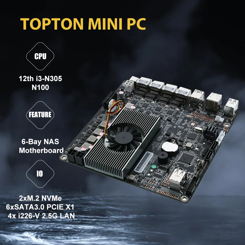 12Th I3-N305 N100 Scheda Madre Nas 6-Bay Dc Power 2Xm. 2 Nvme 6 Xsata3. 0 Pcie X1 4X I226-V 2.5G Rj45 Lan Ddr5 17 X17 Itx Mainboard