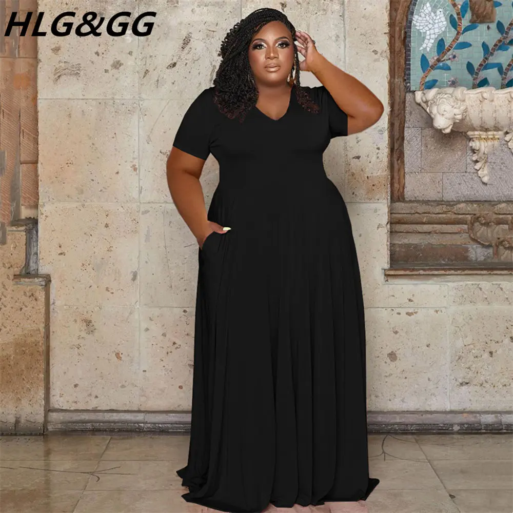 HLJ&GG Women Plus Size Clothing XL-5XL Casual V Neck Short Sleeve A-line Dresses  Female Solid Color With Pocket Vestidos 2023 - AliExpress