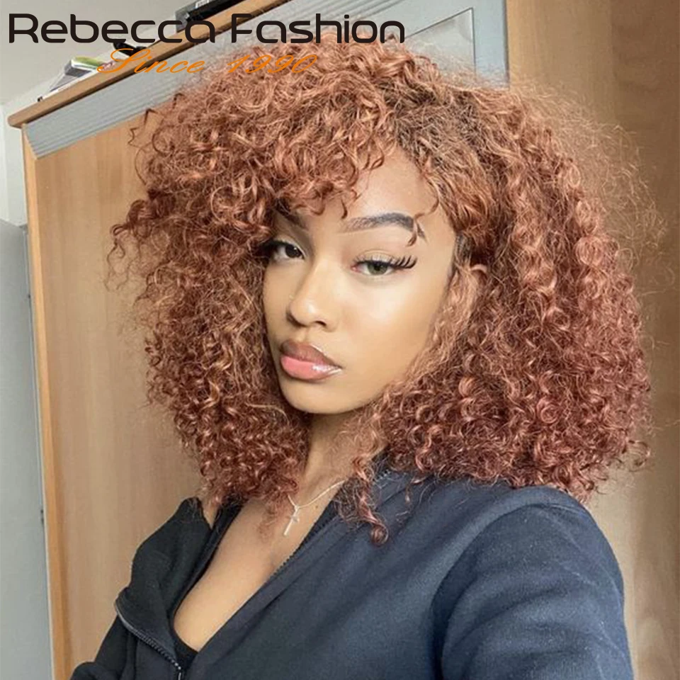 

Brown 250% Density Short Afro Kinky Curly Human Hair Wigs With Bangs Glueless Sassy Fluffy Growth Natural Wigs For Women Black