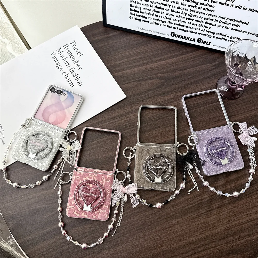 Luxury Glitter Bow Magnetic Phone Case with MagSafe, Stand, and Hand Strap