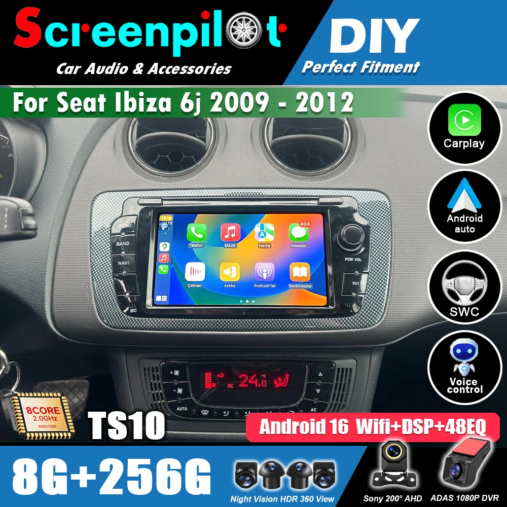 Radio para Auto con Android 16 y CarPlay Inalámbrico para Seat Ibiza 6j 2009 2010 2011 2012, 5G WiFi Multimedia 2din, Pantalla de 7 Pulgadas, GPS, Navegación 1