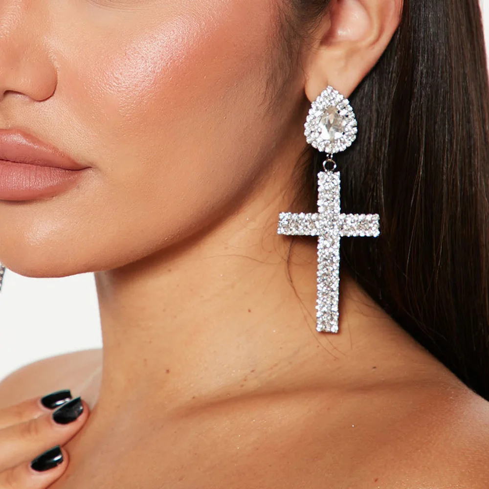 Stonefans Vintage Crystal Cross Earrings Shiny Trend Zircon Water Drop Piercing Jewelry for Women