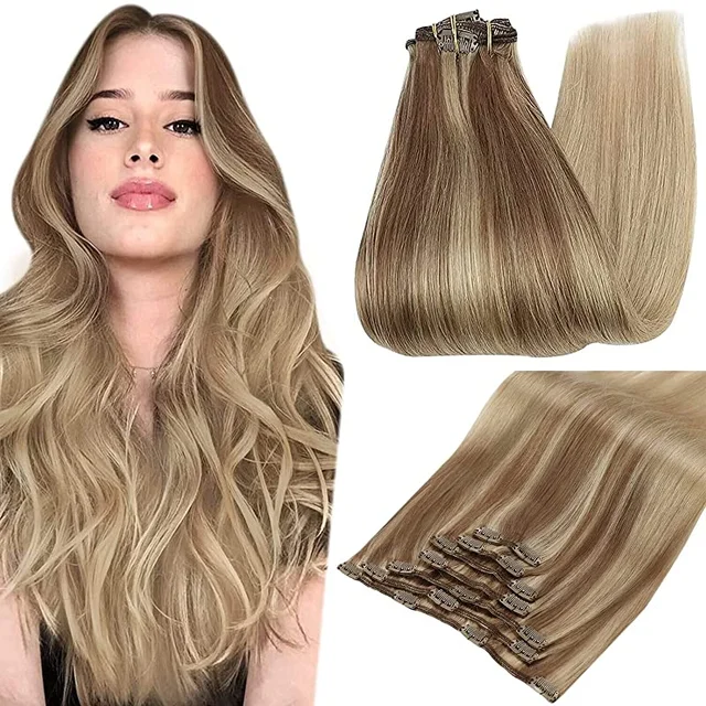 Full Shine Clip In Human Hair Extensions Balayage Ombre Blonde Black Hairpins 7pcs 120g Double Weft 100% Machine Remy For Woman 10 16 16