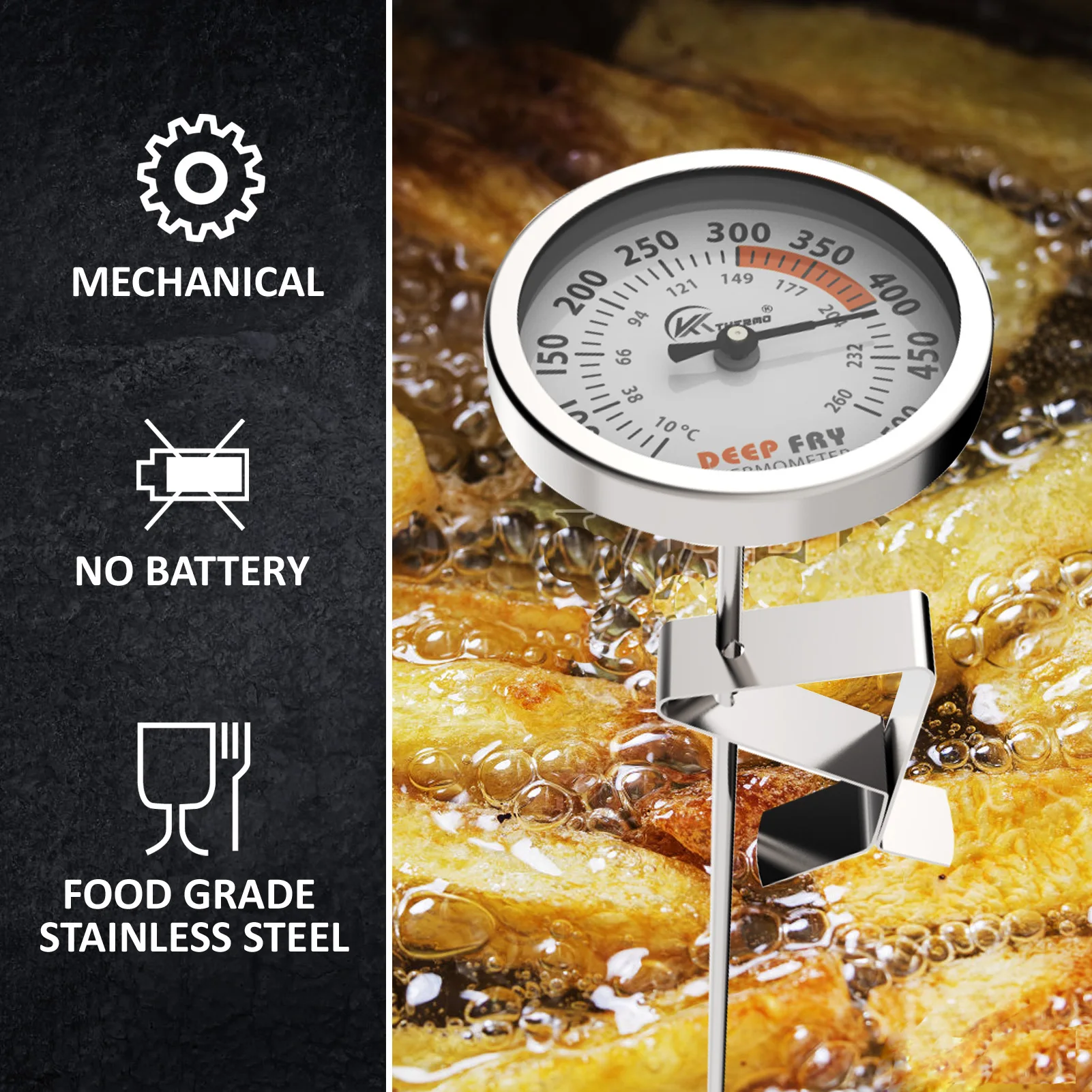 KT Thermo-Deep Fry Candy Thermometer with Stainless Steel Dial, Meat Cooking Thermometer, 12 "Probe, 2.5" 2