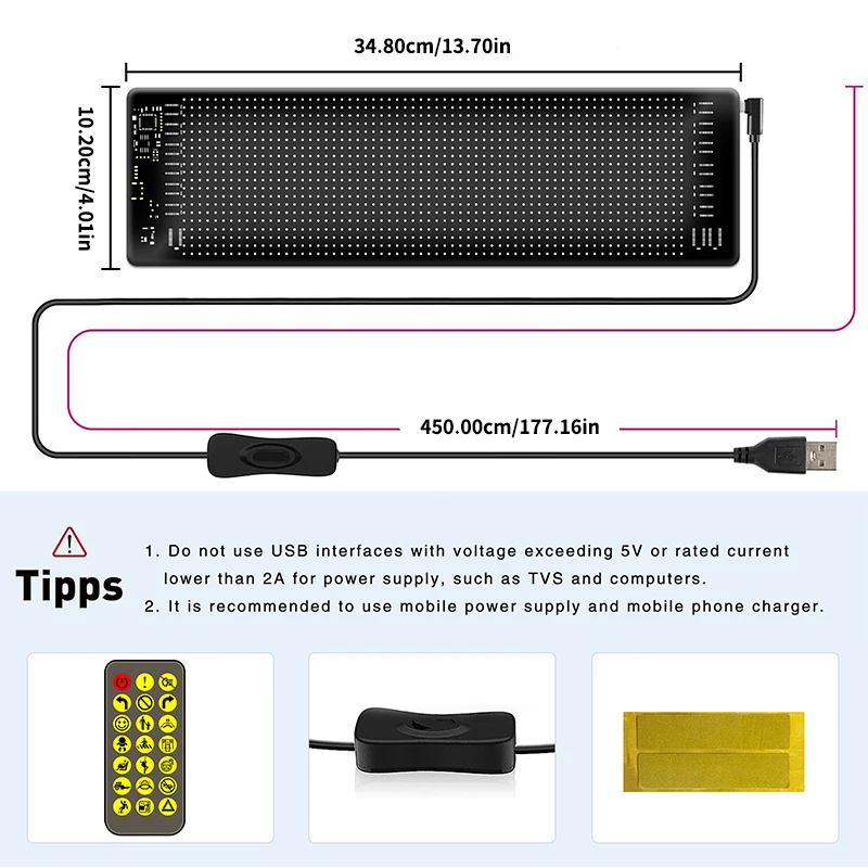 SEAMETAL 자동차 유연한 LED 매트릭스 패널, 후면 창, DIY 프로그래밍 가능 LED 조명, 블루투스 앱 제어, 5V USB 자동차 장식 조명