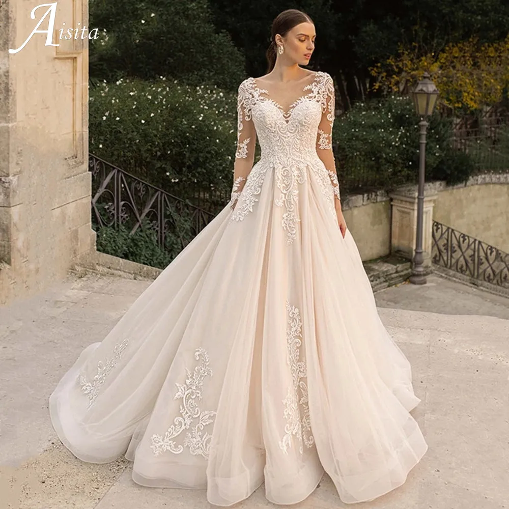 

Gorgeous Ball Gown Lace Embroidery Wedding Dresses Grace Long Sleeves Vestidos De Novia Church A-line Bridal Robes