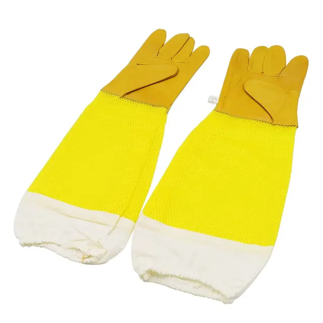 1Pair Méhészeti Kesztyű Védő Ujjai Lélegzetelállító Sárga Háló Anti -Méh/Szúrásbőr Hosszú A Méhészhez