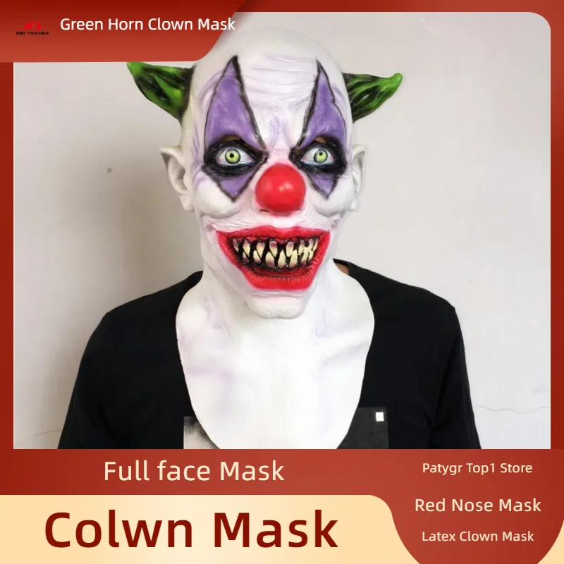 Cosplay Evil Joker Mask Horror Killer Clown Latex Full Face Masks Creepy Green Horned Red Nose Clown Head Cover Halloween Prop