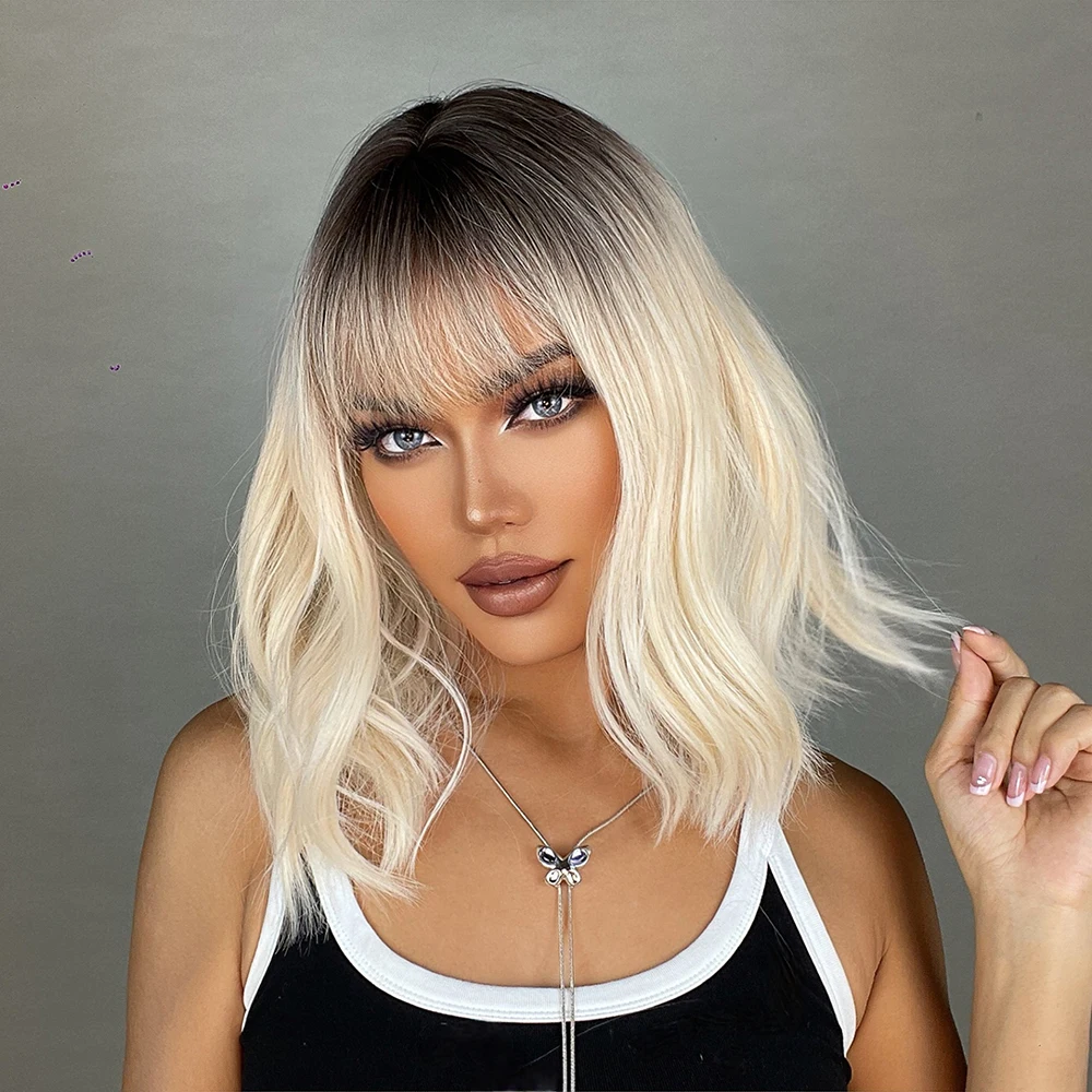 ウィッグ-女性用合成ブロンドブラウンウィッグ,ショートウェーブボブ