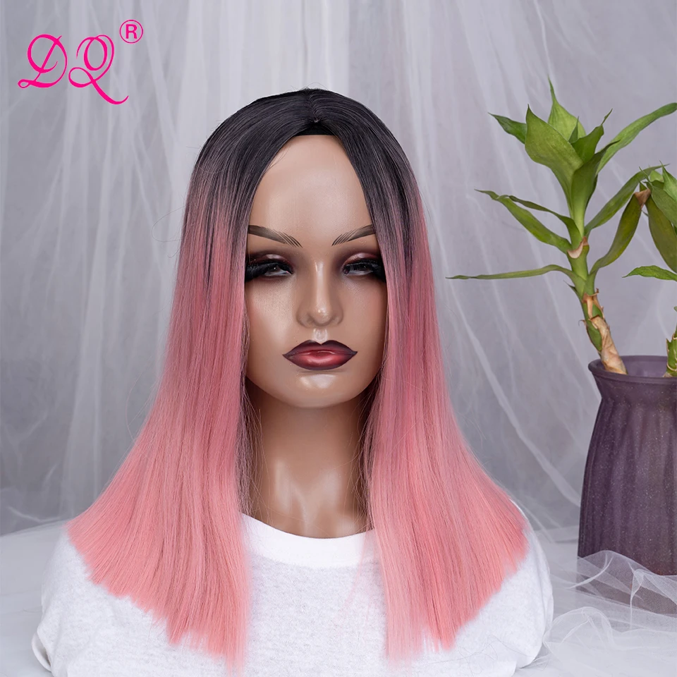 

DQ WIGS Straight Short Bob Wig Synthetic Heat Resistant Fake Hair Halloween Cosplay Wigs Women Ombre Pink Wig with Black Roots