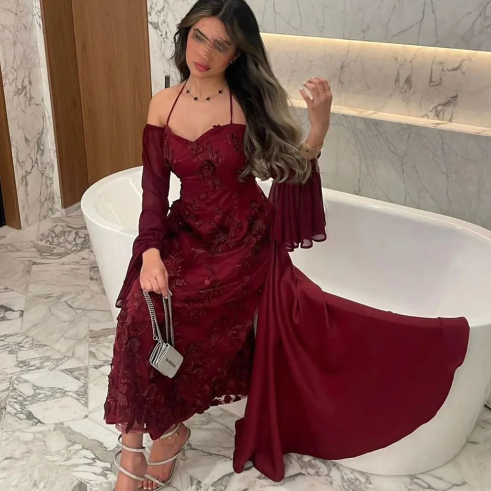

Off the Shoulder Prom Gown Ankle-Length Lace Elegant Full Flare Sleeves Evening Party Dresses for Women فساتين للحفلات الراقصة