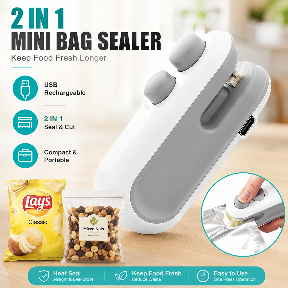 Mini-scelleuse de sacs USB rechargeable 2-en-1 : Scelleuse thermique et coupe-sac portable pour sacs alimentaires, idéale pour la conservation des collations et comme gadget de cuisine 1 Mini-scelleuse de sacs USB rechargeable 2-en-1 : Scelleuse thermique et coupe-sac portable pour sacs alimentaires, idéale pour la conservation des collations et comme gadget de cuisine 1