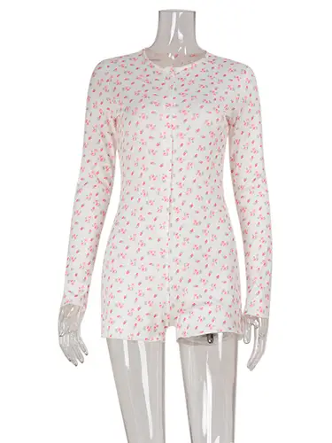 Ahagaga Casual Women Playsuits O-Neck Regular Long Sleeves Print Single Breasted Skinny Homewear Floral Sweet Femlae Rompers - Image 6