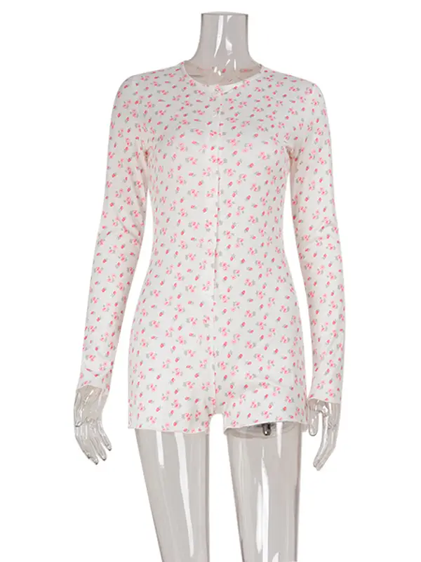 Ahagaga Casual Women Playsuits O-Neck Regular Long Sleeves Print Single Breasted Skinny Homewear Floral Sweet Femlae Rompers - Image 6