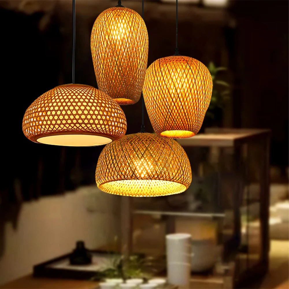 Retro Natuurlijke Bamboe Rotan Hanglamp E27 Licht Vintage Kroonluchter Handgeweven Lampenkap Eetkamer Slaapkamer Woonkamer Hangende Lamp Eettafel Hanglamp Keuken Hal Verlichting,50cm