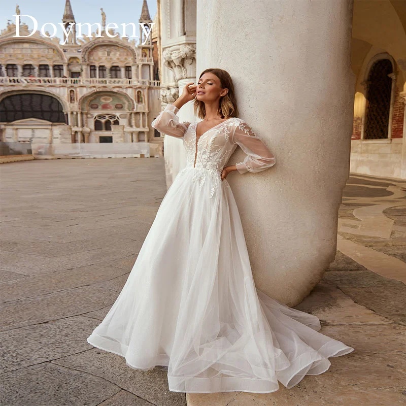 

Doymeny Tulle Simple V Neck Wedding Dress Long Sleeve Appliques Flowers A Line Button Back Court Train Robe De Mariee