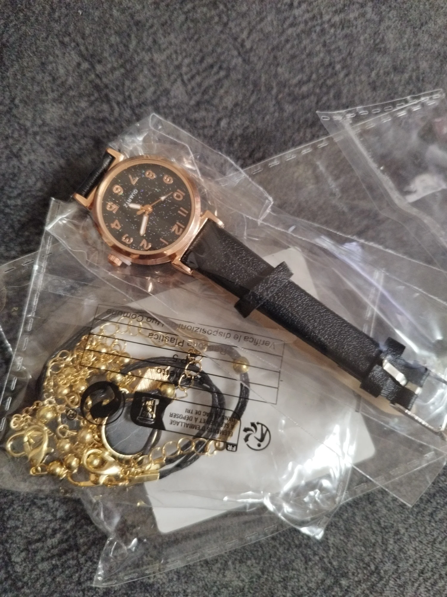 Conjunto de relógio de couro feminino casual, senhoras, céu estrelado, mostrador redondo, relógios de pulso, relógio de vestido, moda simples, 5 peças photo review