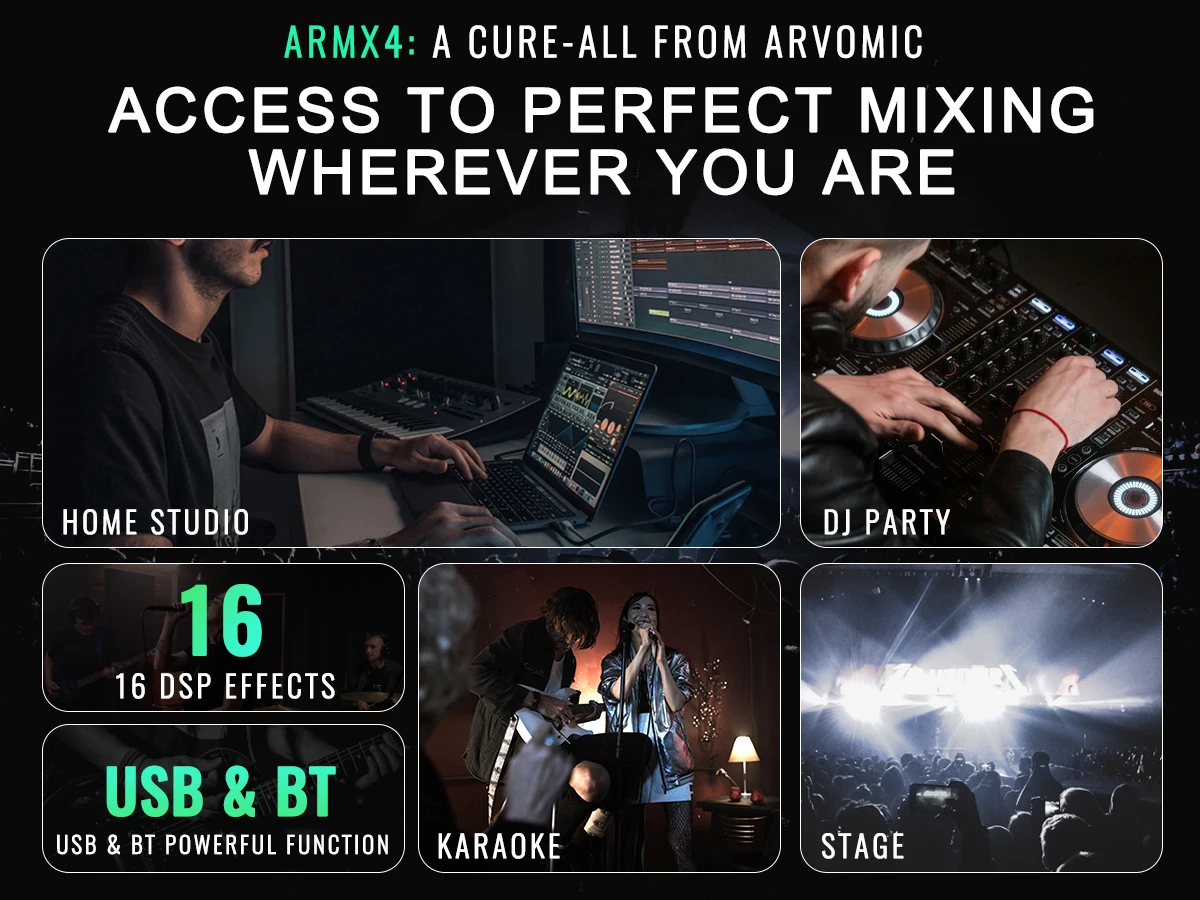 4channel Audio Mixer, Arvomic Dj Mixer With Usb Audio Interface, Bluetooth Function, 16 Dsp