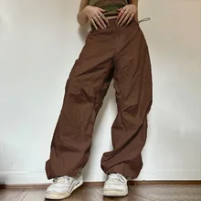 Baggy Cargo Parachute Pants Y2k Jogger Trousers Brown Wide Leg Retro Old School Hip Hop Adjustable Button For Ladies Women Fall