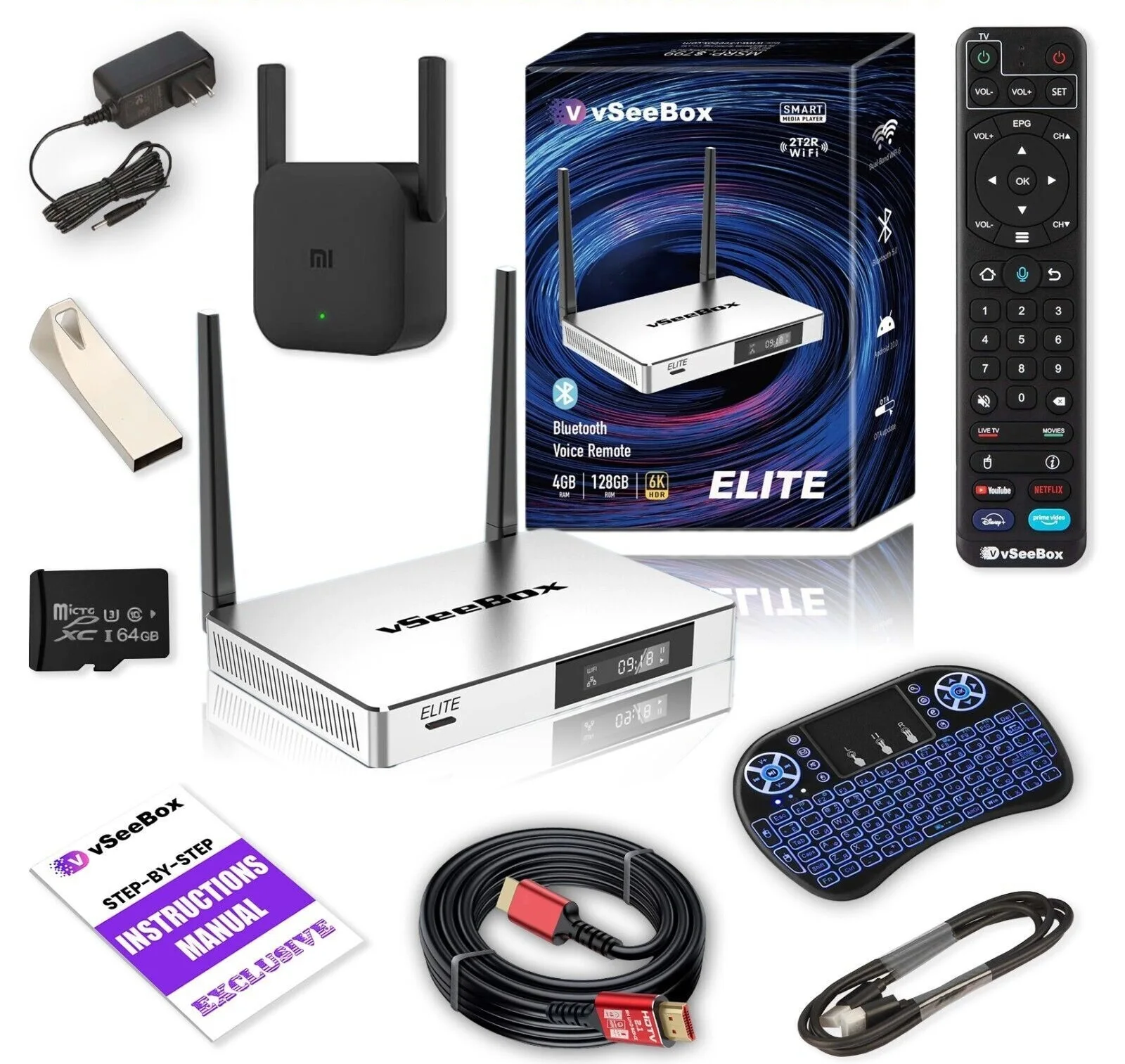 VseeBox Elite Bundle 8K HDMI, carte 64 Go, lecteur, prolongateur WiFi, clavier, vente en stock