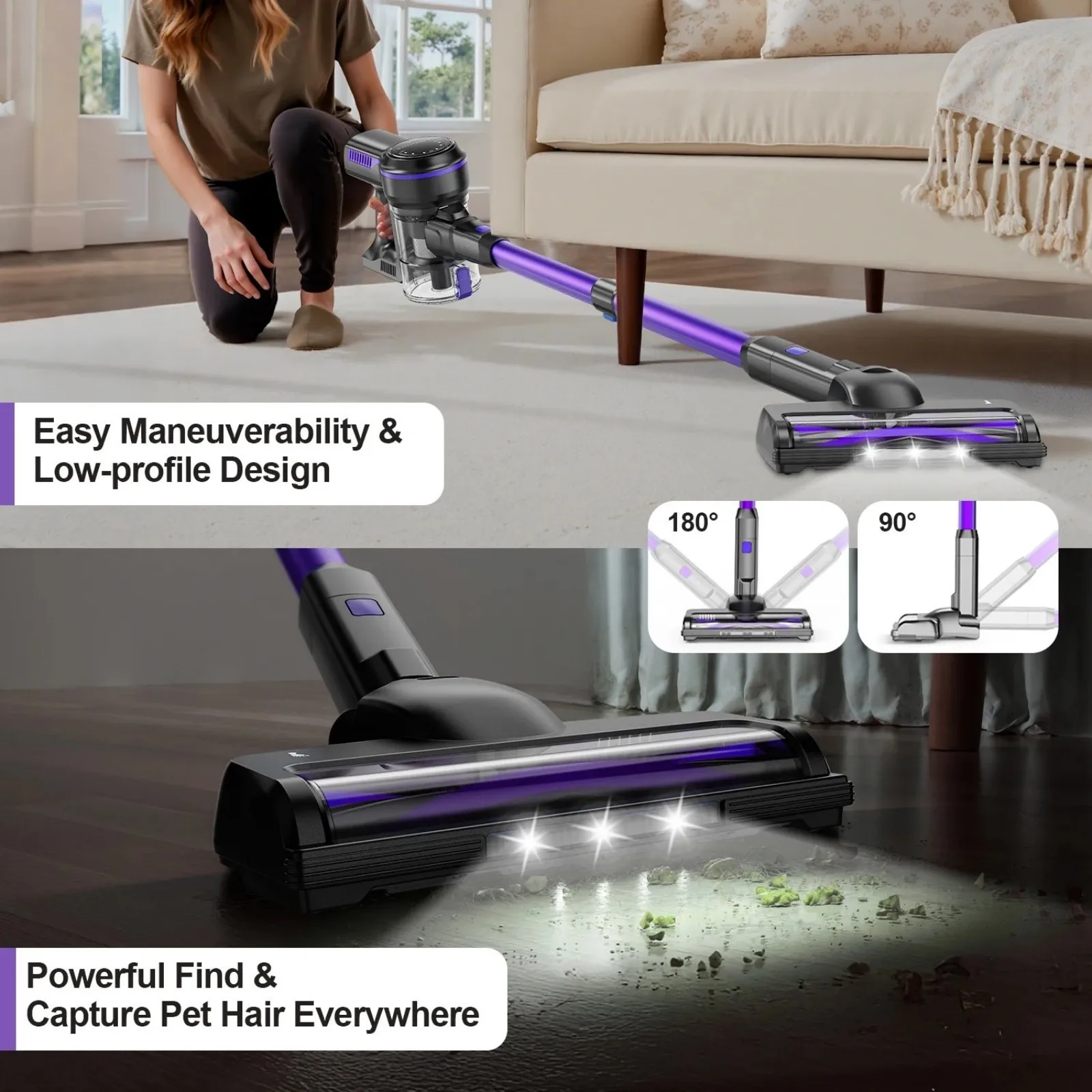 Aspirapolvere senza fili, aspirapolvere ultraleggero 6 in 1, batteria da 2200 mAh fino a 40 minuti di autonomia, potente aspirapolvere portatile per pavimenti duri, moquette, peli di animali domestici
