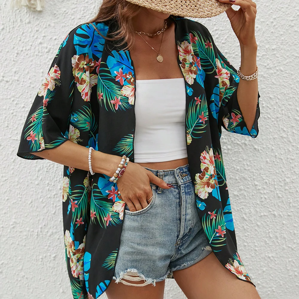 Floral Print Batwing Sleeve Chiffon Kimono Swimsuit Woman Beach Wear Cover Up Luxury Women's Social Blouse Fashion Tops swimsuit cover up swimsuit coverup