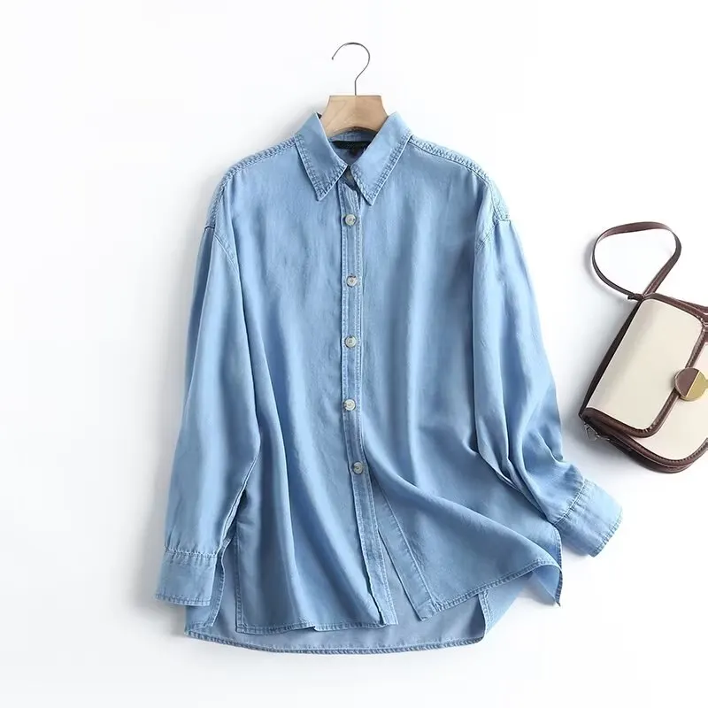 Maxdutti 2023 Spring And Summer New Fashion  Women's Sky Blue Loose Cotton Boyfriend Denim Shirt Style Blouse Lady Top blouses lace splicing hollow out blouse in blue size s