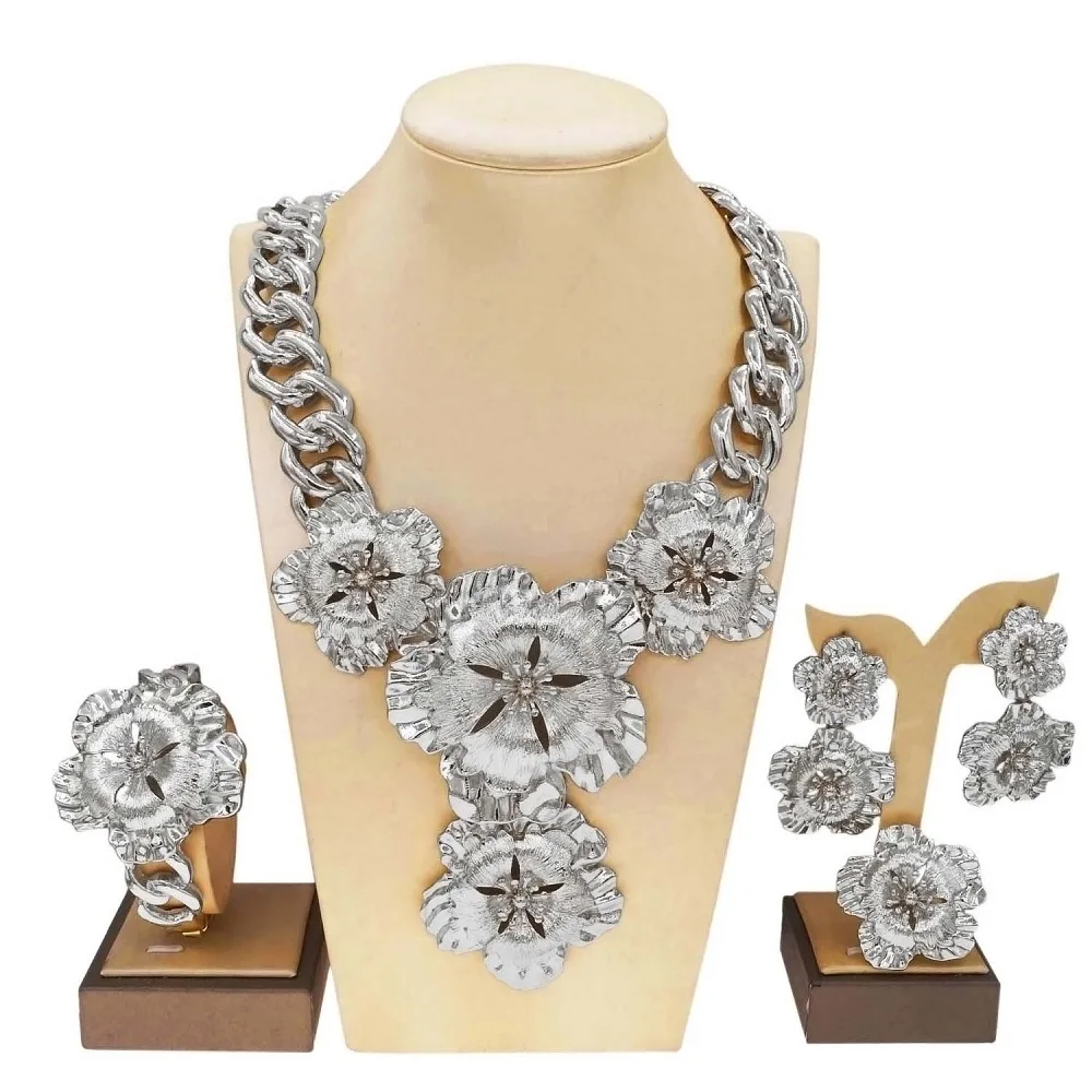 Jewelry Set For Women Cuban Chain Necklace Gold Plated Flower Big Pendant Italian Gold Earrings Luxury Wedding Party Bijoux