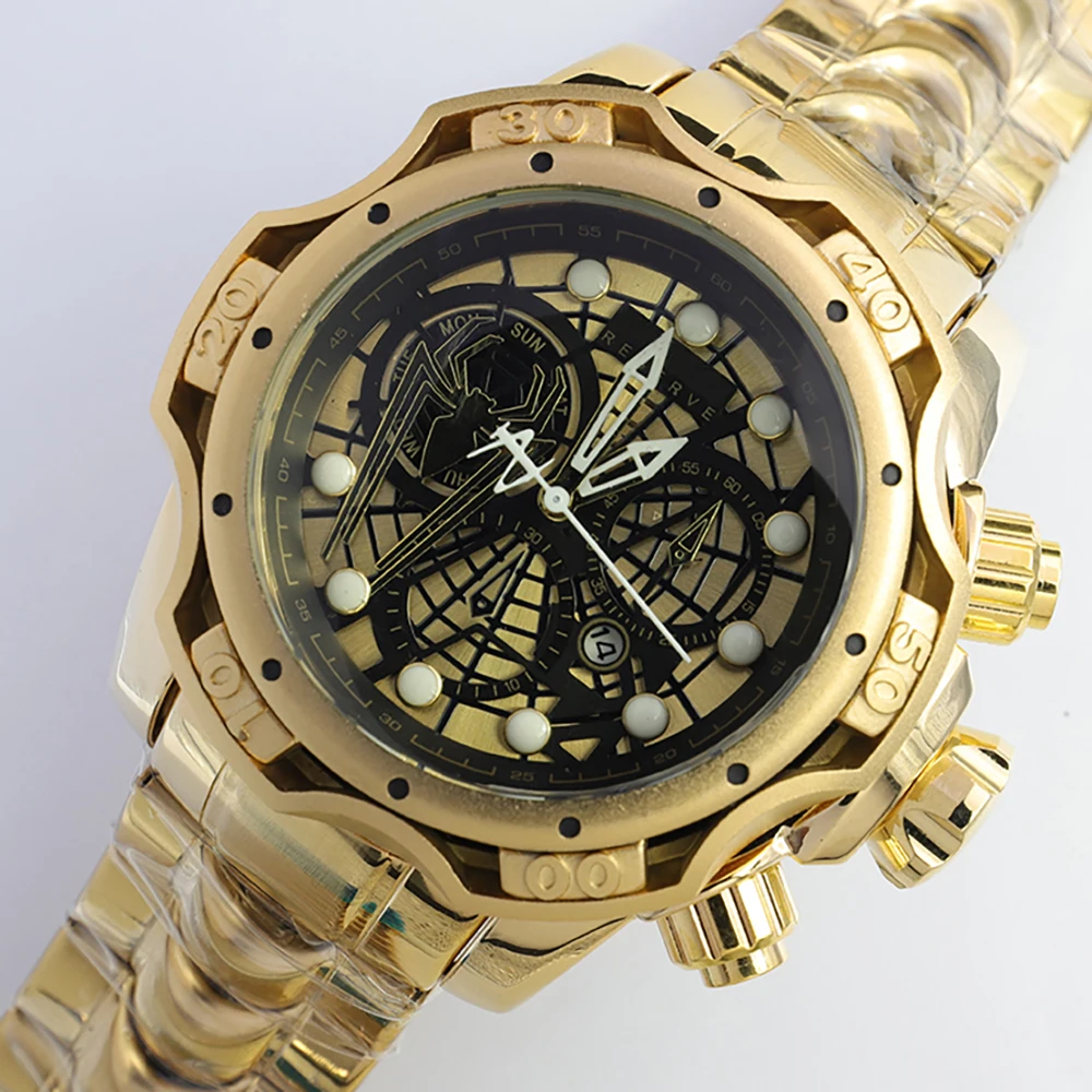 

Gold Creative Undefeated Reserve Original Skeleton Dial Watches Men Invincible Full Steel Invicto Date Watch Relogio Masculino