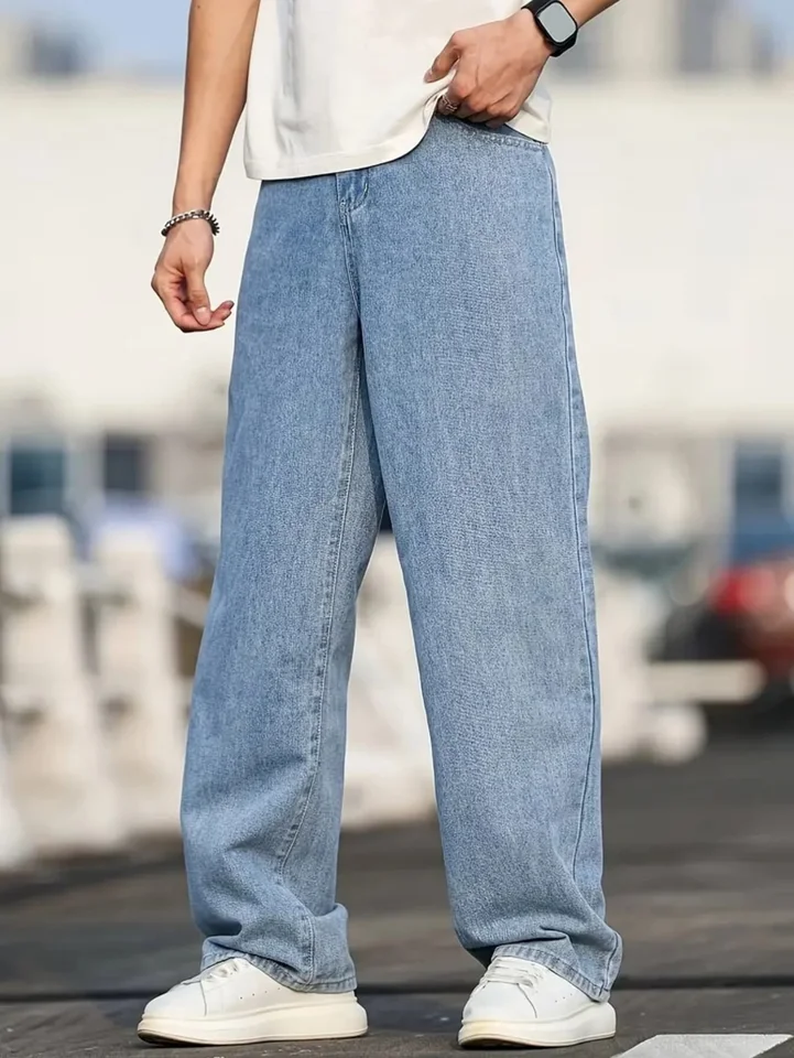 Mens Relaxed Straight Fit Blue Denim Jeans