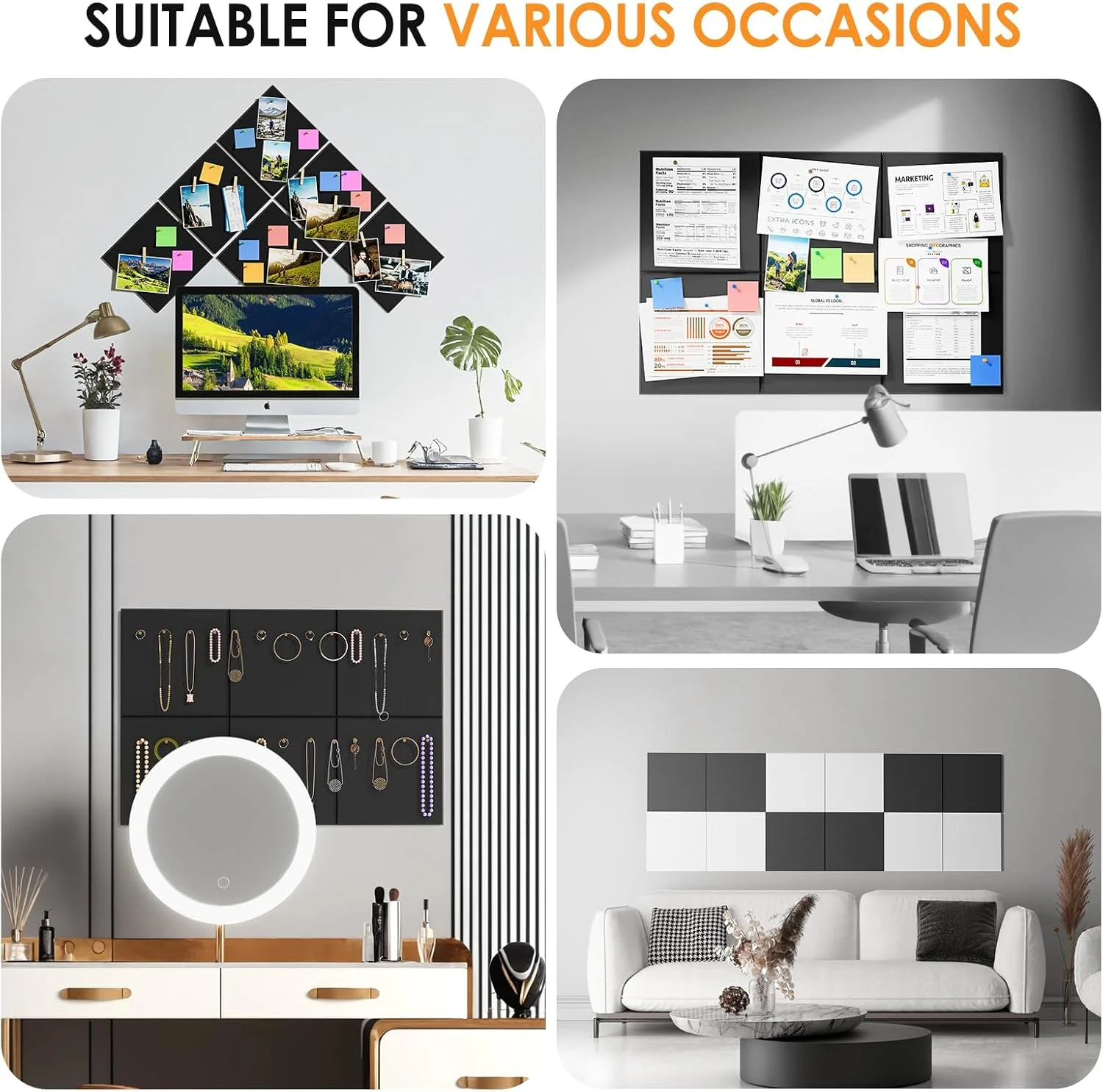 Large Cork Board,11.8in 6 Felt Wall Tiles -Perfect for Office & Bedroom Decor Bulletin & Vision Boards with Push Pin Capability