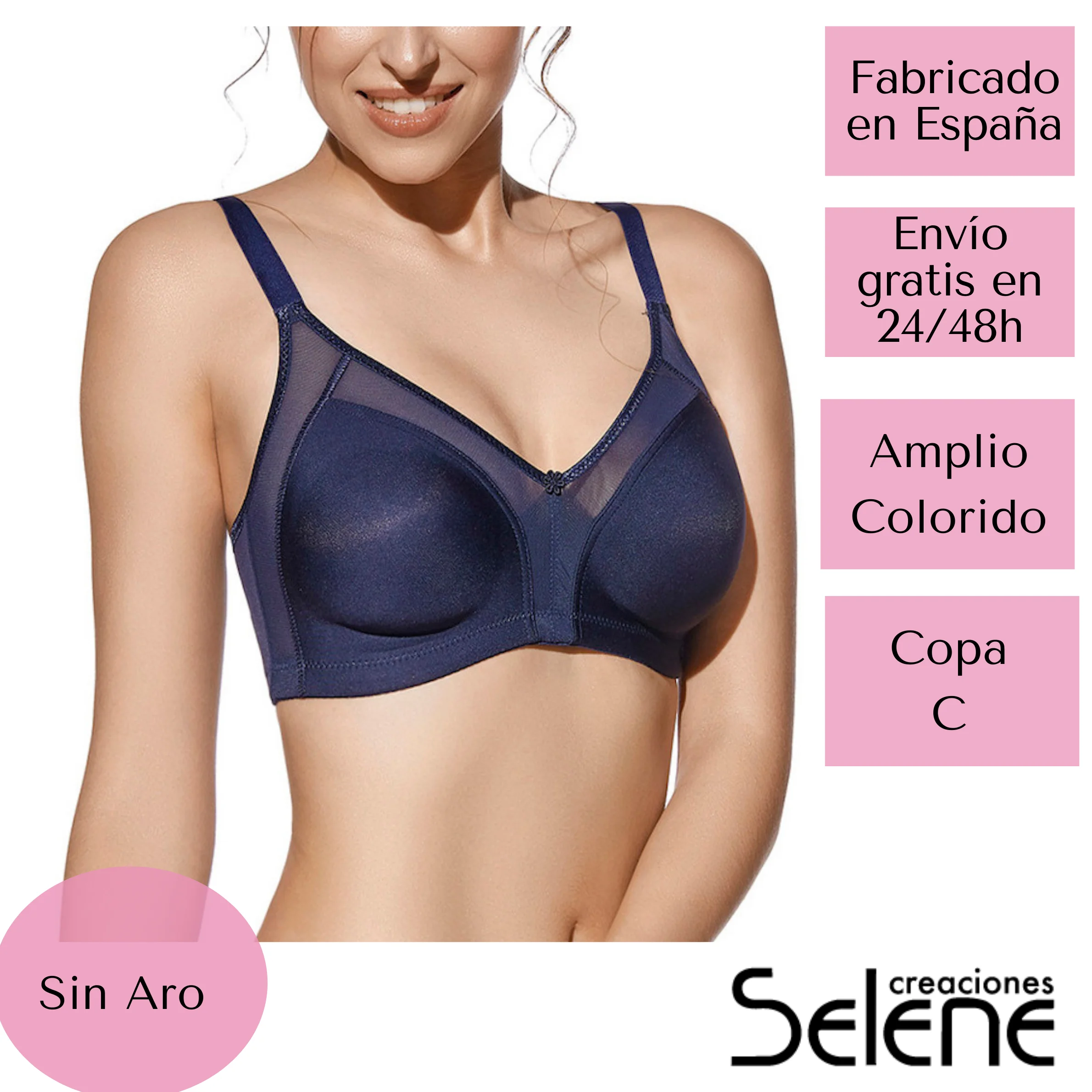 Ropa Interior Mujer Selene Sujetador Sin Aro Fabricado En Microfibra Satinada Detalles Tul Alrededor Copas Capacidad Copa C Colores Blanco, Negro, Piel, Marino, Rosa ESTELA Fabricado y Enviado Desde España|Sujetadores| -