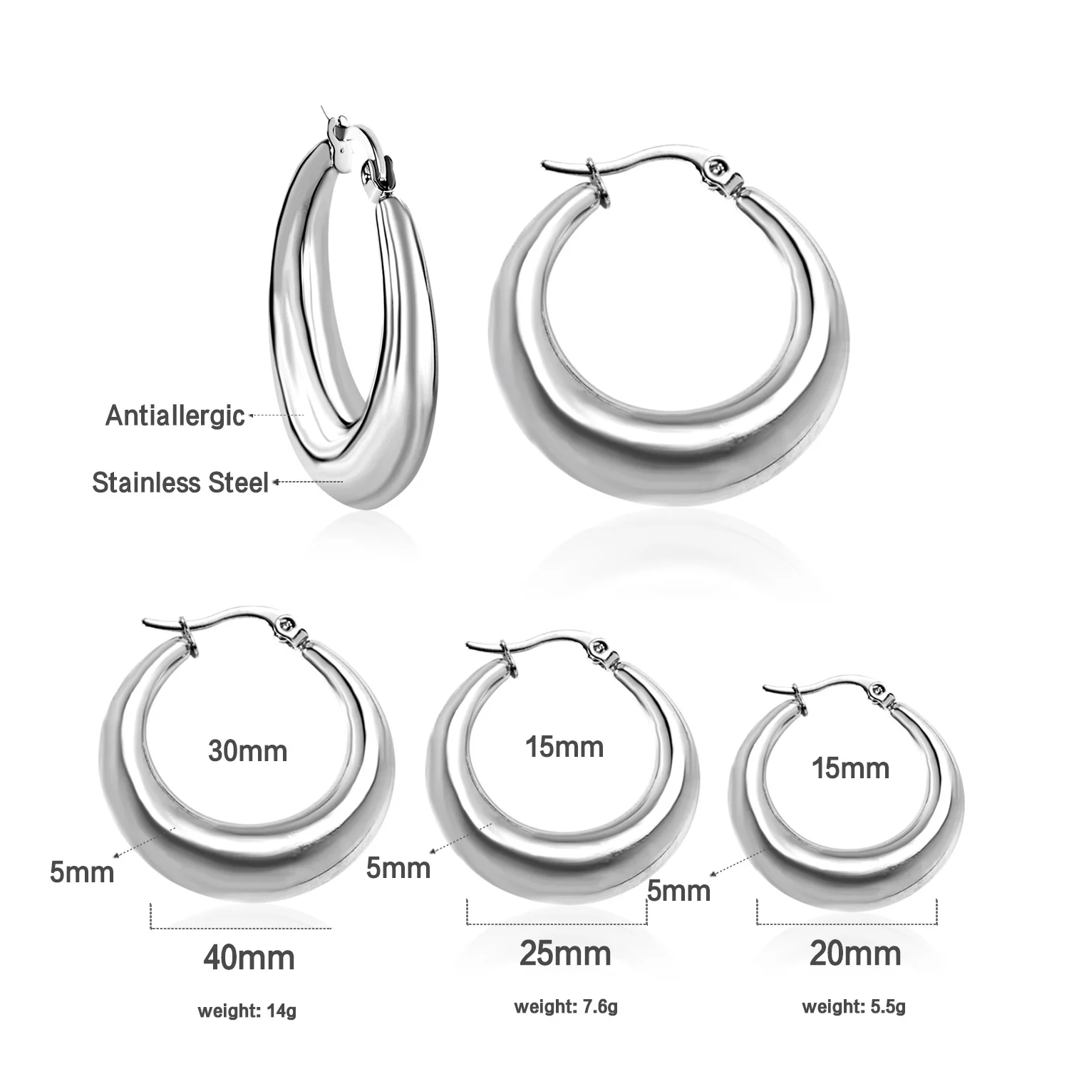 Set Di 7 Paia Di Orecchini A Cerchio 14k – Oro E Argento, Acciaio Inox 316l, Ipoallergenici, Diametri 8-20mm