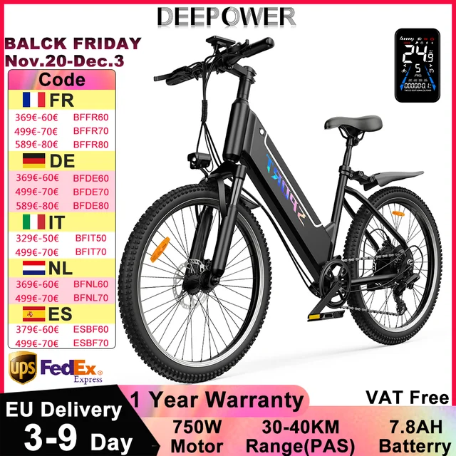 DEEPOWER 750W elektrische fiets 48V 7,8Ah verwijderbare batterij Volwassen Ebike LED-display Stadsforens elektrische fiets voor mannen en vrouwen