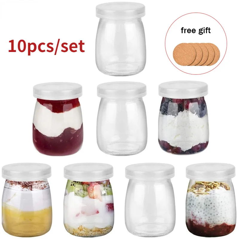 Glass Honey Jars 100ml 10Pcs Mini Yogurt Jars Glass Pudding Cups with PE Lids for Milk Jellies Honey Spices Mousse