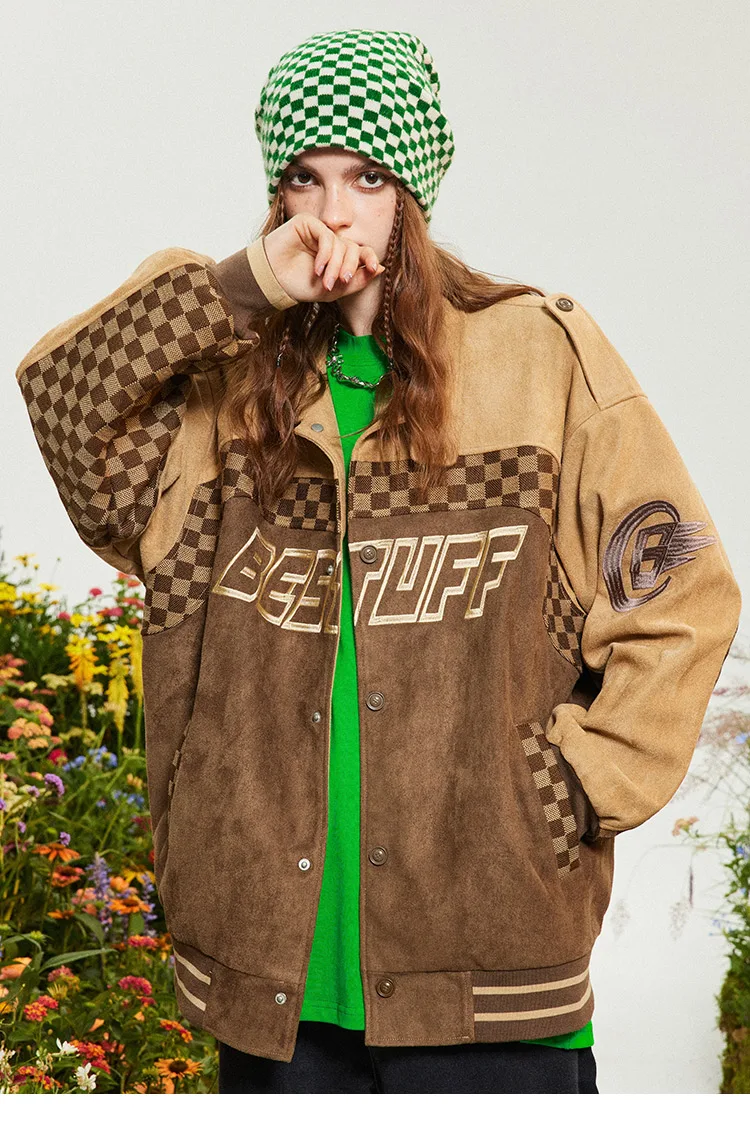 Aolamegs Men S Oversized Retro Checkerboard Plaid Splicing Baseball Uniform Hip Hop High Street Couple Casual Streetwear Www Heatform Co Uk Index Php