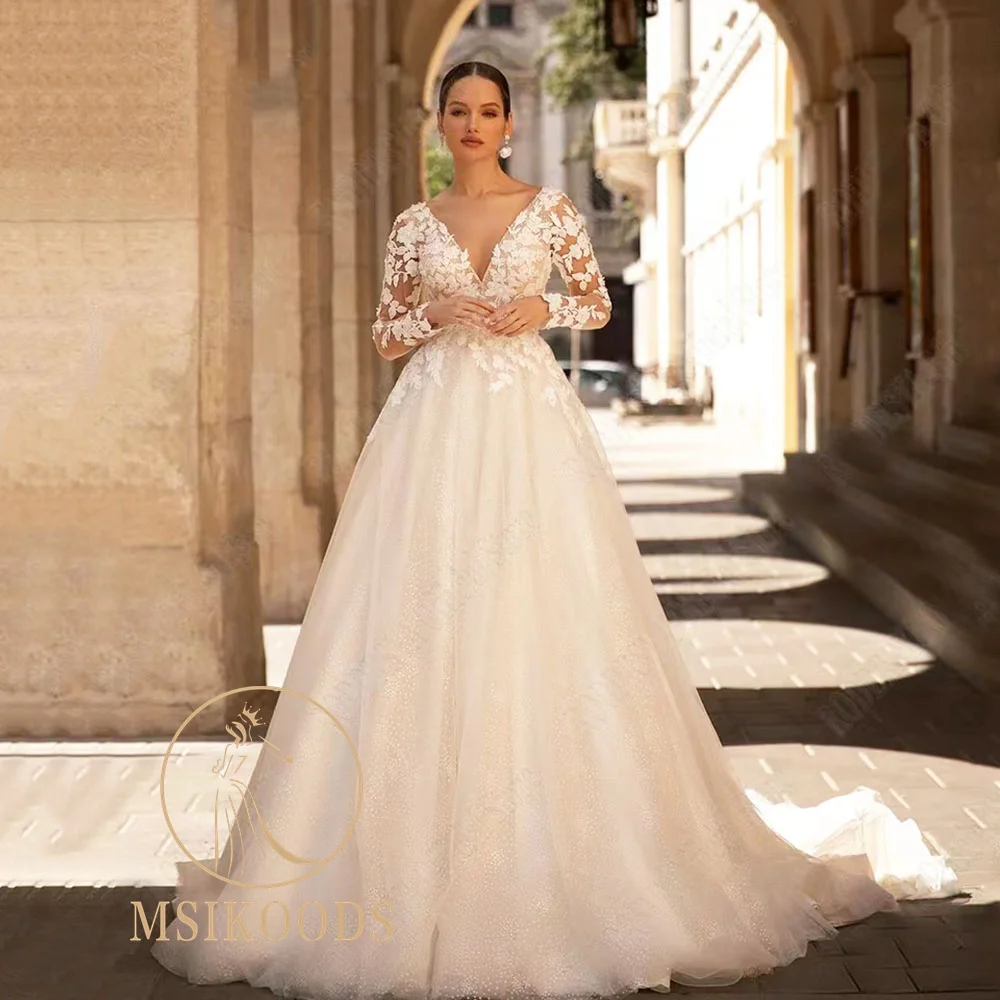 Msikoods Boho Princess Wedding Dresses A Line Shiny Glitter Bride Dress V Neck Lace Appliques Wedding Gowns 2023 Ivory
