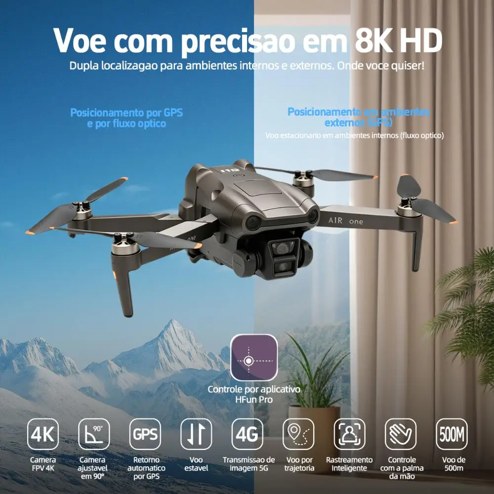 DLI-Air One Drone Profissional 4K Câmera Dupla FPV WiFi GPS Retorno Automático Leve Dobrável 2 Baterias Controle Remoto