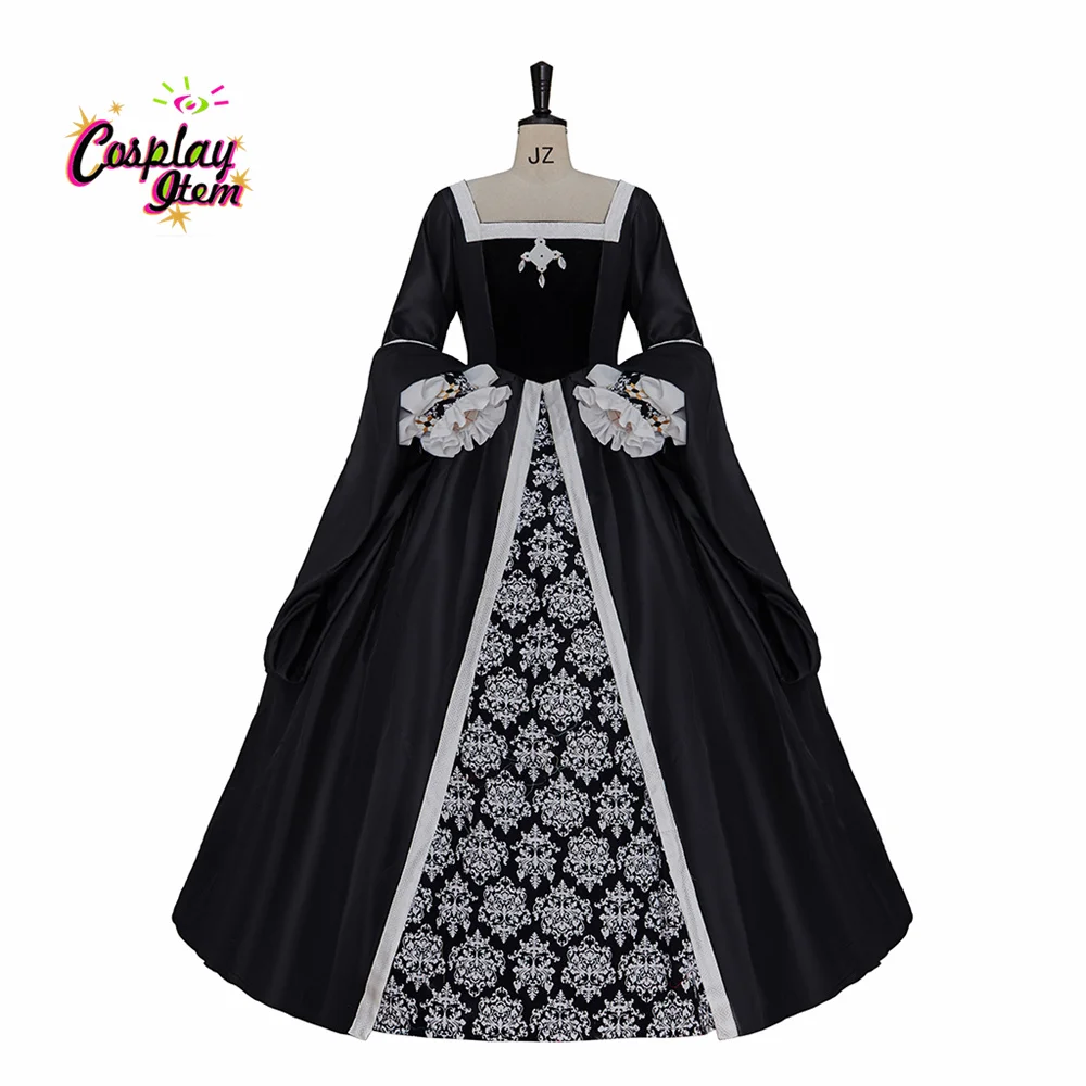Abito Medievale Anne Boleyn Abito Formale Nero Bianco Vintage Print Tudor Queen Gothic Princess Dresses Histical Ball Gown