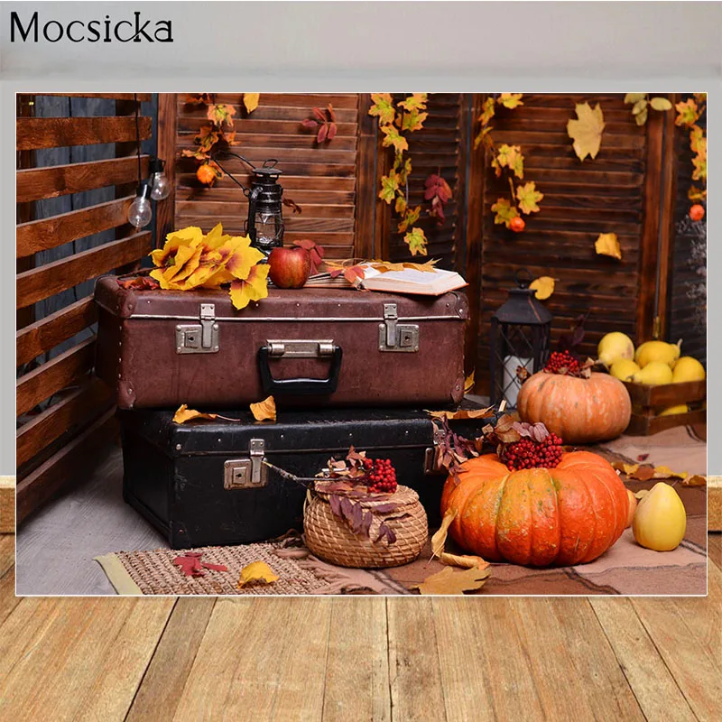 

Fall Thanksgiving Backdrop Kids Birthday Cake Smash Photography Background Maple Leaf Luggage Pumpkin Harvest Photo Studio Props